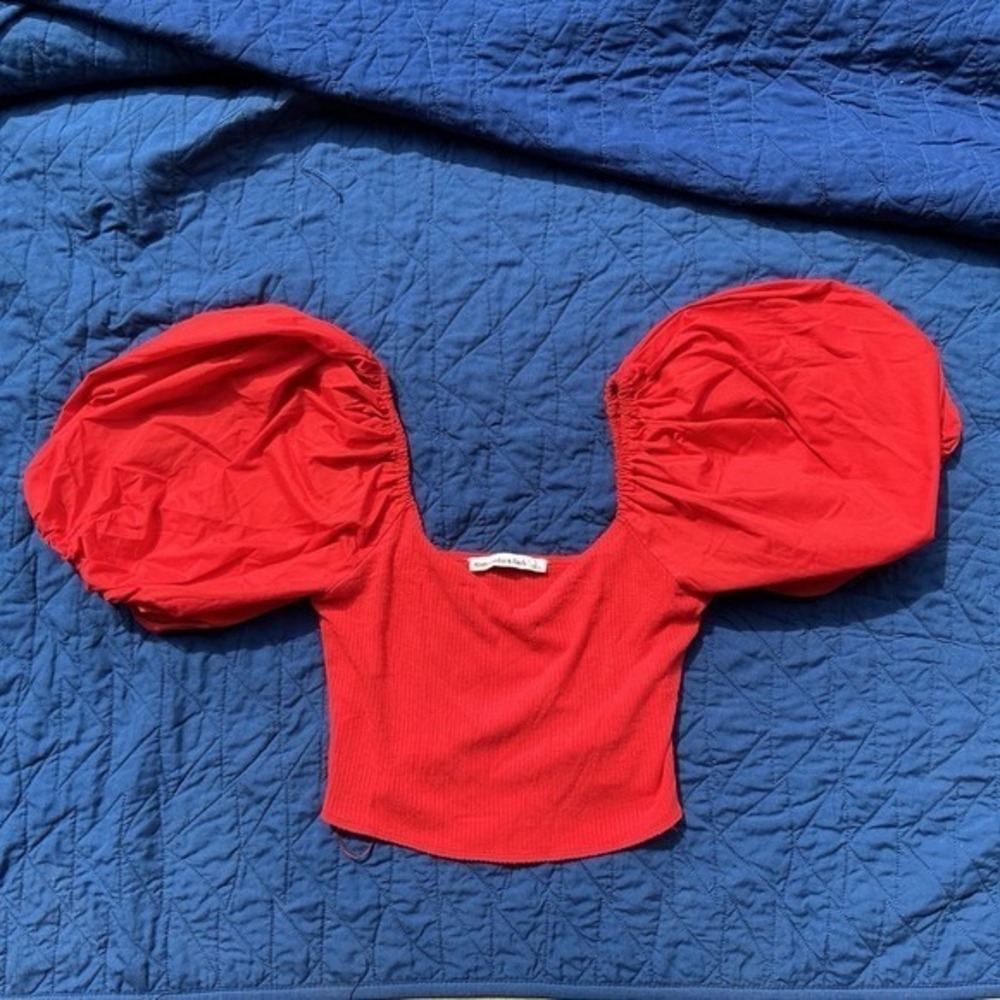Abercrombie & Fitch Puff Sleeve Top Women S Red Excellent Ribbed Square Neck